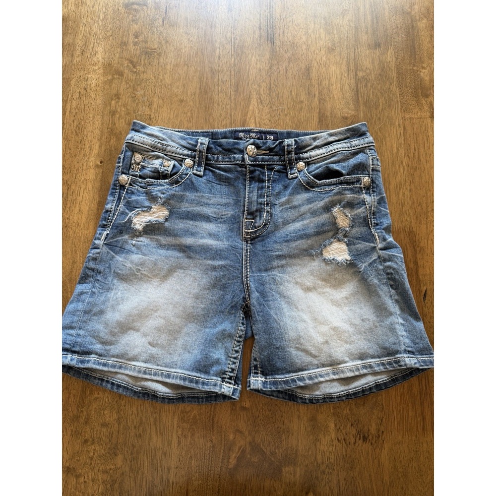 Miss Me Women's Curvy Denim Shorts Size 28 Distressed Rhinestone